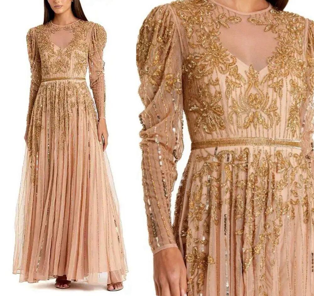 Mac Duggal 93638 Beaded Floral Illusion Gown Size 16 Long Puff Sleeve Gold NWT
